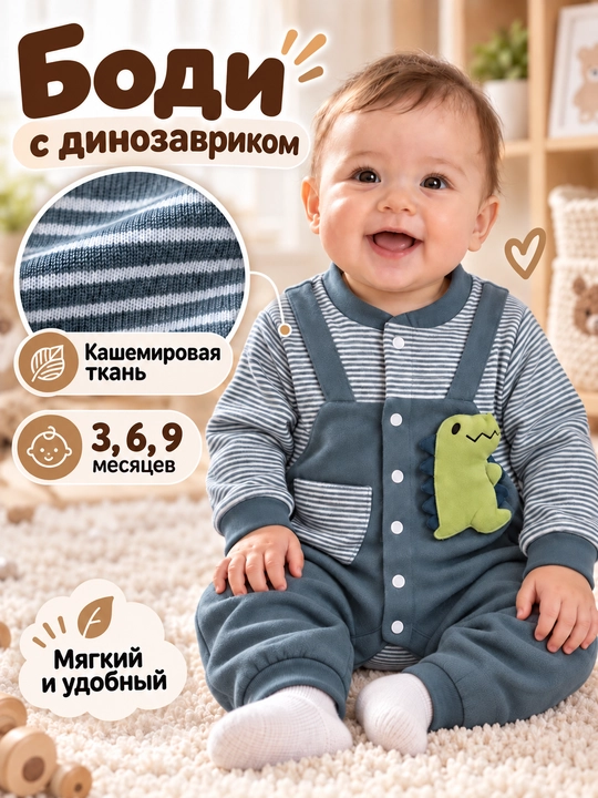 Боди-комбинезон для новорождённых и малышей, с длинным рукавом,  на 3–9 месяцев - 