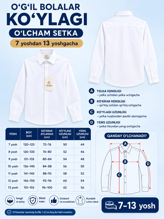 6-10-sinflar uchun oq bolalar maktab ko‘ylagi