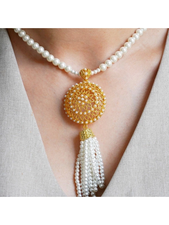 Komplekt shell marvarid imitatsiyasi bilan, qotishma, tilla yugurtirilgan