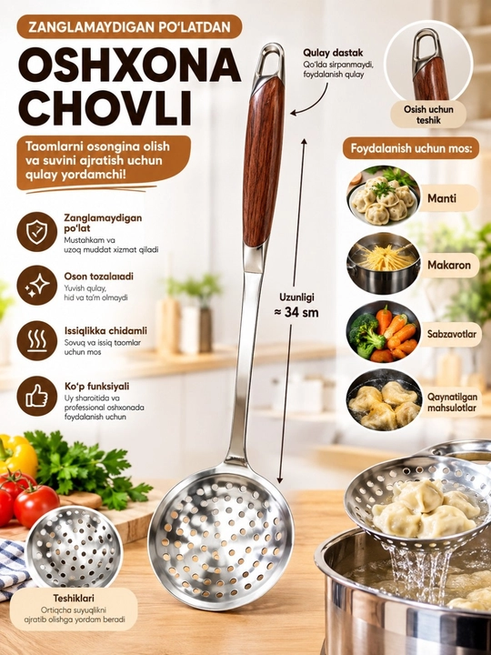 Oshxona anjomlari — Chovla, Kapkir va Lopatka, zanglamaydigan po‘lat - 