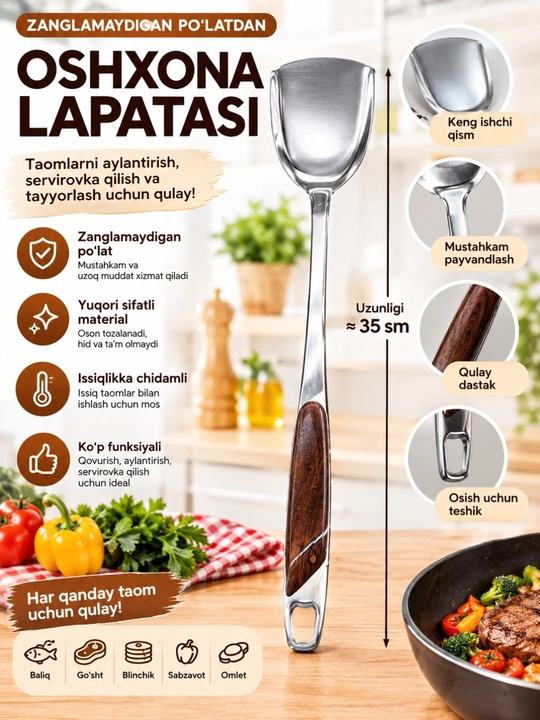 Oshxona anjomlari — Chovla, Kapkir va Lopatka, zanglamaydigan po‘lat - 