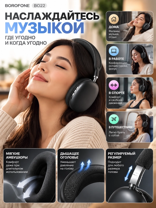 Naushnik BOROFONE BO22, Bluetooth simsiz quloqchin, qora