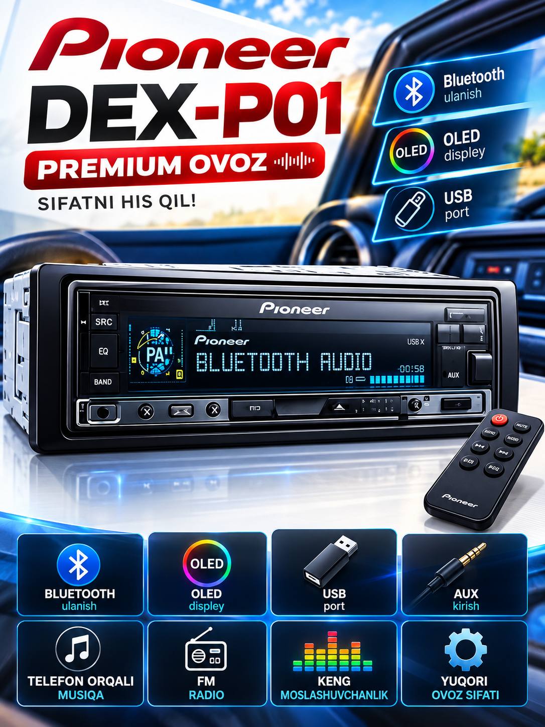 Avtomatik magnitola Pioneer 2 pulti, CarPlay, Bluetooth, AUX, MP3, USB, FM-radio, Magnitof - 