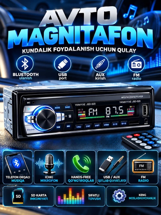 Avtomatik magnitola Pioneer 2 pulti, CarPlay, Bluetooth, AUX, MP3, USB, FM-radio, Magnitof - 