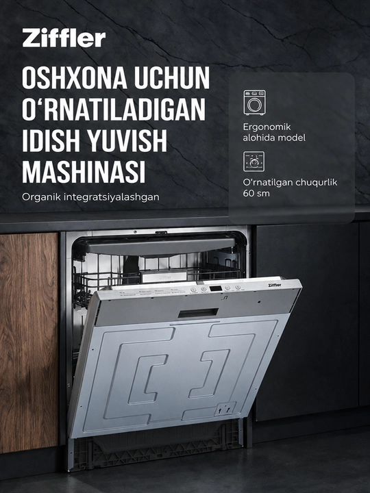 Ziffler idish yuvish mashinasi, o‘rnatiladigan va alohida turuvchi, 14 to‘plam, dasturlar