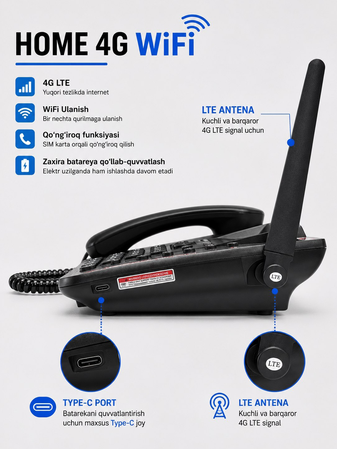 Телефон Texnomax 4G HOME аккумулятор 2000 мАч 4G связь