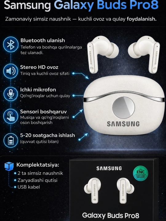 Samsung Galaxy Buds Pro8 simsiz Bluetooth quloqchin - 