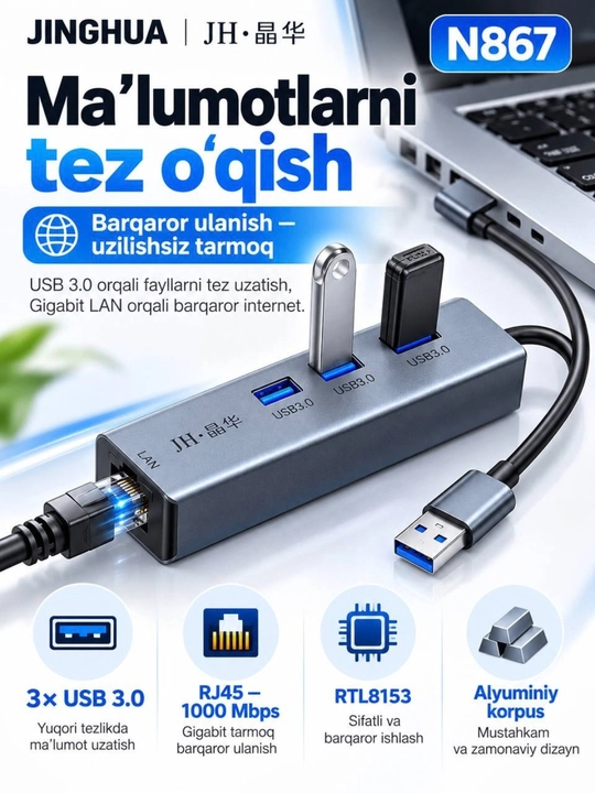 USB 3.0 HUB,3×USB 3.0+RJ45 Gigabit LAN Type-C RJ45 Gigabit Ethernet Type-C USB HUB 3.0