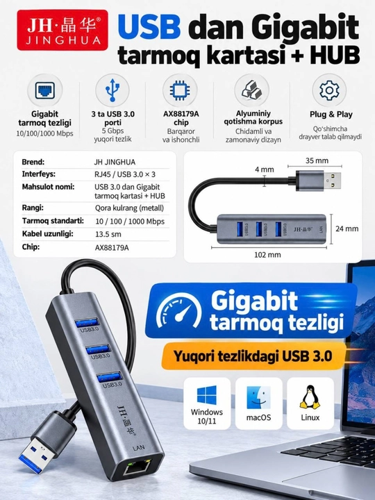USB 3.0 HUB,3×USB 3.0+RJ45 Gigabit LAN Type-C RJ45 Gigabit Ethernet Type-C USB HUB 3.0