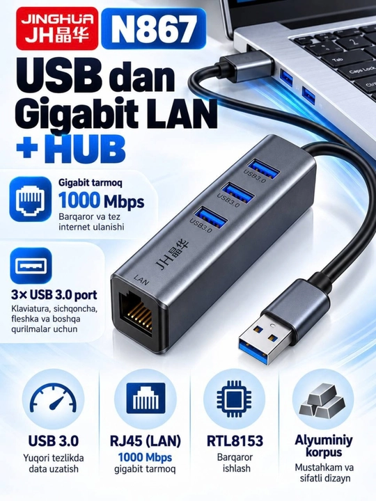 USB 3.0 HUB,3×USB 3.0+RJ45 Gigabit LAN Type-C RJ45 Gigabit Ethernet Type-C USB HUB 3.0
