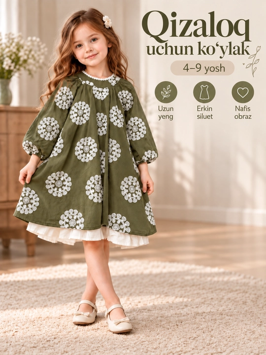 Qizlar uchun oq kashtali, uzun yengli zaytun rang ko‘ylak - 