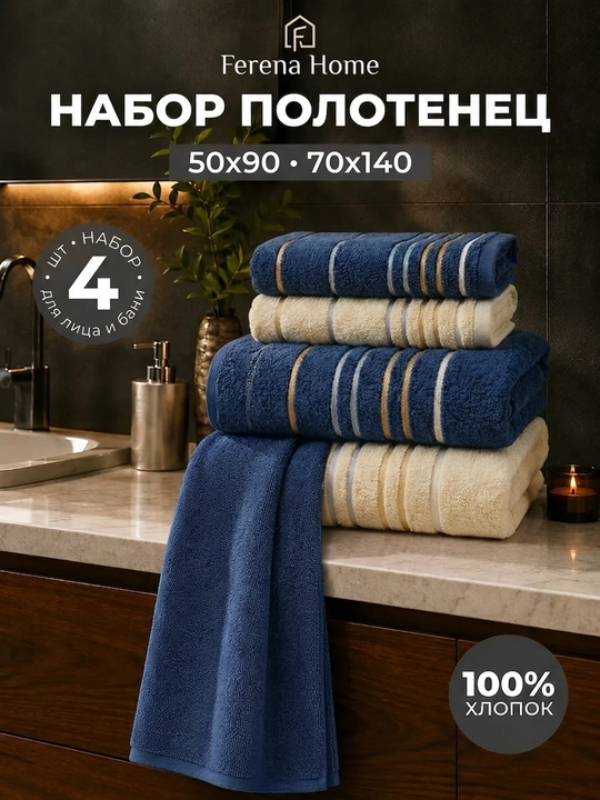 Набор полотенец 4 шт, полотенца для лица и рук, полотенце банное, комплект банных махровых - 