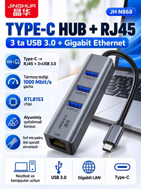 USB 3.0 концентратор,3×USB3.0+RJ45 Gigabit LAN Type-C RJ45Gigabit Ethernet Type-CUSBHUB3.0 - 