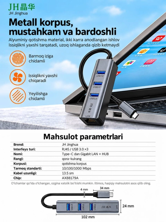 USB 3.0 HUB,3×USB 3.0+RJ45 Gigabit LAN Type-C RJ45 Gigabit Ethernet Type-C USB HUB 3.0