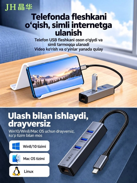 USB 3.0 HUB,3×USB 3.0+RJ45 Gigabit LAN Type-C RJ45 Gigabit Ethernet Type-C USB HUB 3.0