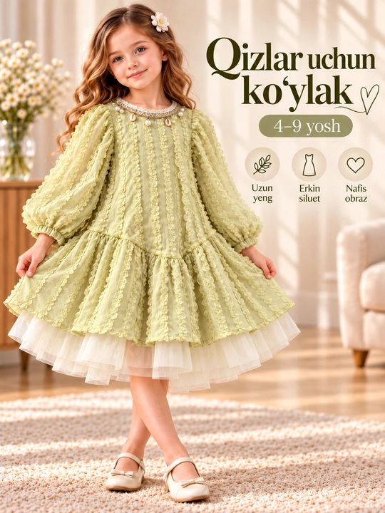 Qizlar uchun fakturali, fatinli va bezakli och yashil ko‘ylak - 