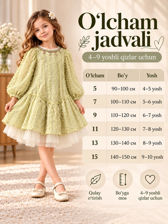 Qizlar uchun fakturali, fatinli va bezakli och yashil ko‘ylak