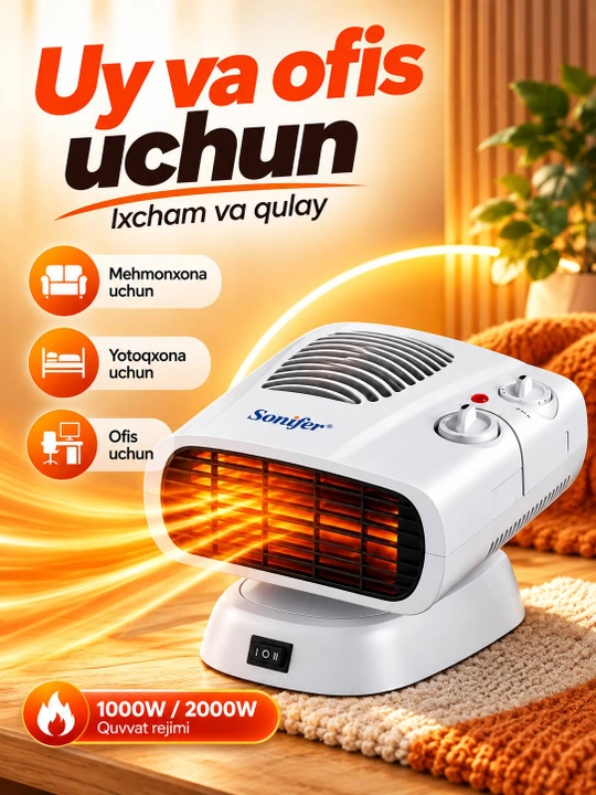 Elektr isitgich Sonifer SF-6510, ventilyatorli isitish pechka 1000/2000 W, termostatli