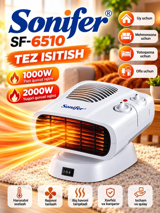 Elektr isitgich Sonifer SF-6510, ventilyatorli isitish pechka 1000/2000 W, termostatli