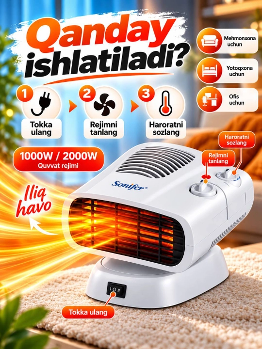Elektr isitgich Sonifer SF-6510, ventilyatorli isitish pechka 1000/2000 W, termostatli