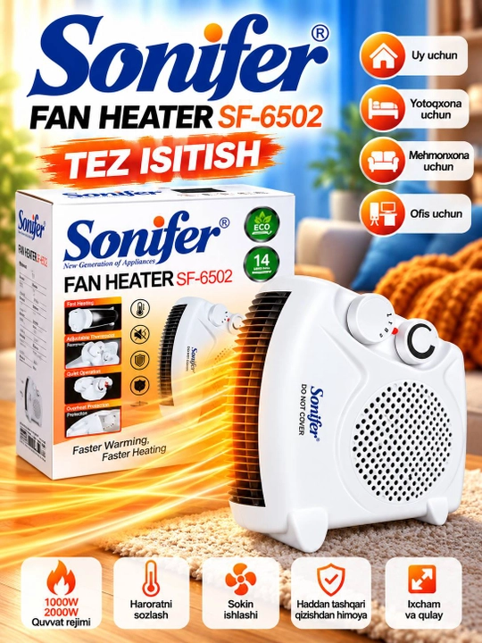 Elektr isitgich Sonifer SF-6510, ventilyatorli isitish pechka 1000/2000 W, termostatli