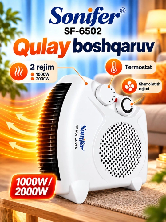 Elektr isitgich Sonifer SF-6510, ventilyatorli isitish pechka 1000/2000 W, termostatli