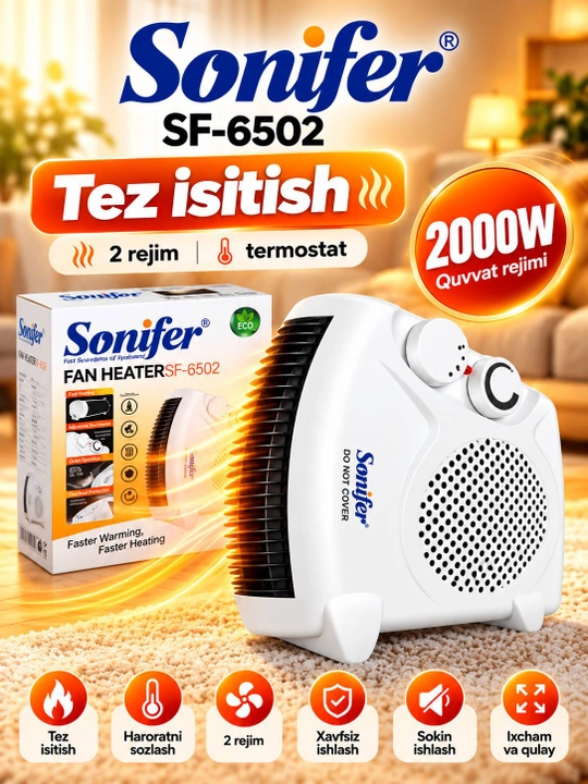 Elektr isitgich Sonifer SF-6510, ventilyatorli isitish pechka 1000/2000 W, termostatli