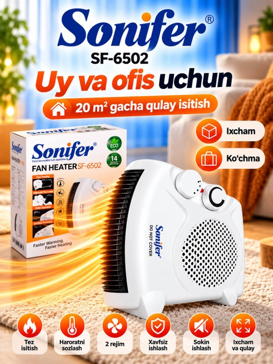 Elektr isitgich Sonifer SF-6510, ventilyatorli isitish pechka 1000/2000 W, termostatli - 