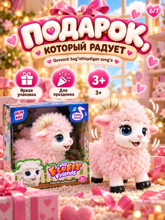 Interaktiv qo‘ycha 3+, yuradi, tovush chiqaradi, bolalar uchun uy hayvoni o‘yinchog‘i