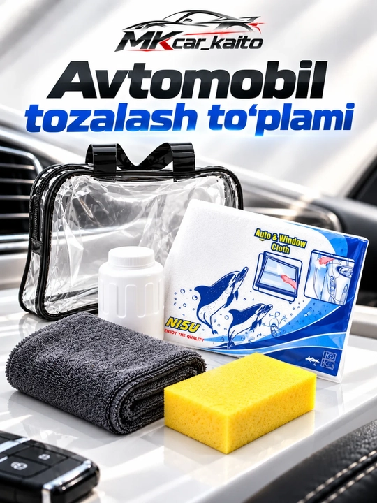 Avtomobil tozalash to'plami 5 qismli, mikrofibra sochiq, gubka va idishli Car Cleaning Kit