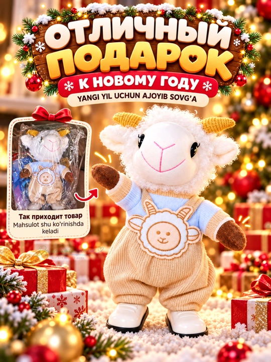 Музыкальная движущаяся козочка с новогодними песнями, мягкая праздничная игрушка