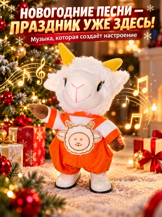 Музыкальная движущаяся козочка с новогодними песнями, мягкая праздничная игрушка