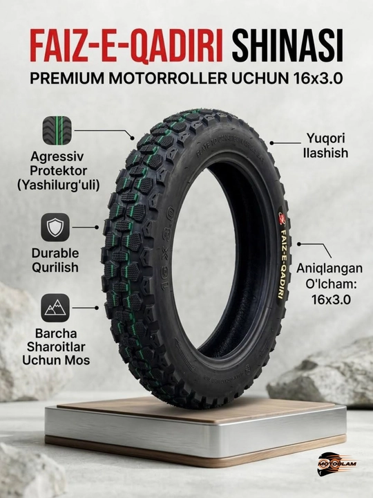 Monster, Skuter va mopedlar uchun kamerasiz shina. Faiz-E-Qadiri 16x3.0, qishki/universal