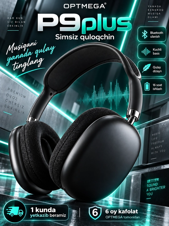 Simsiz Bluetooth quloqchinlar P9, mikrofonli, to'liq o'lchamli