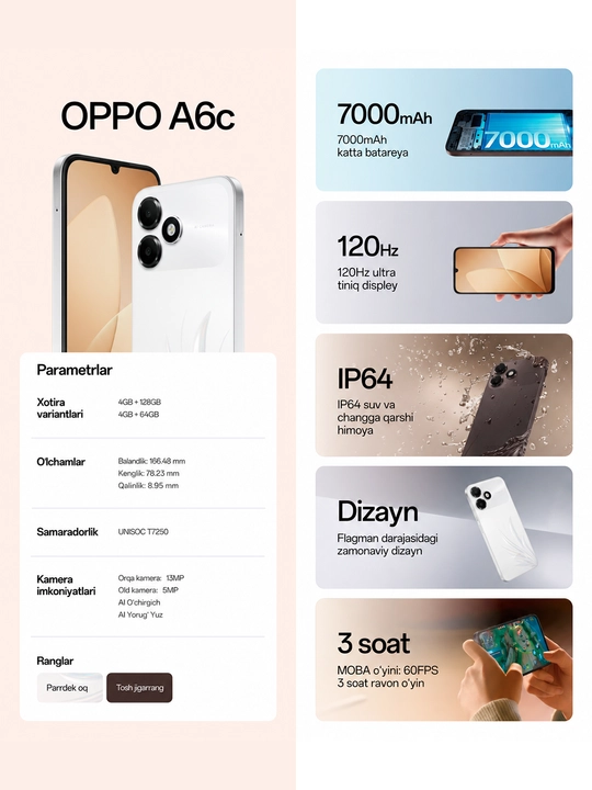 OPPO A6c - 7000mah+1 yil kafolat + UZIMEI   120HZ