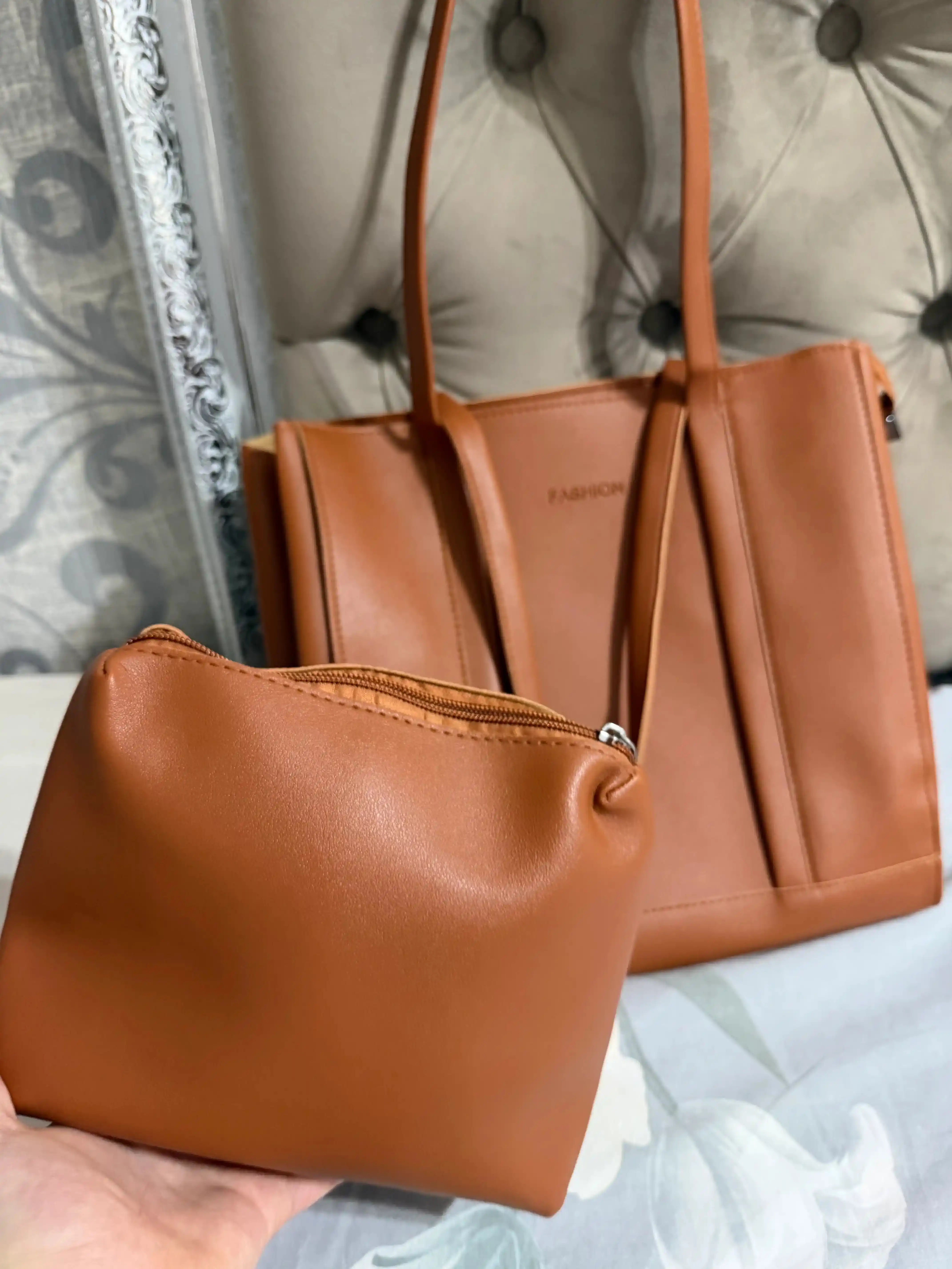 Katta ayollar tote sumkasi 2 tasi 1 da, PU ekoteri, kosmetik sumkacha bilan