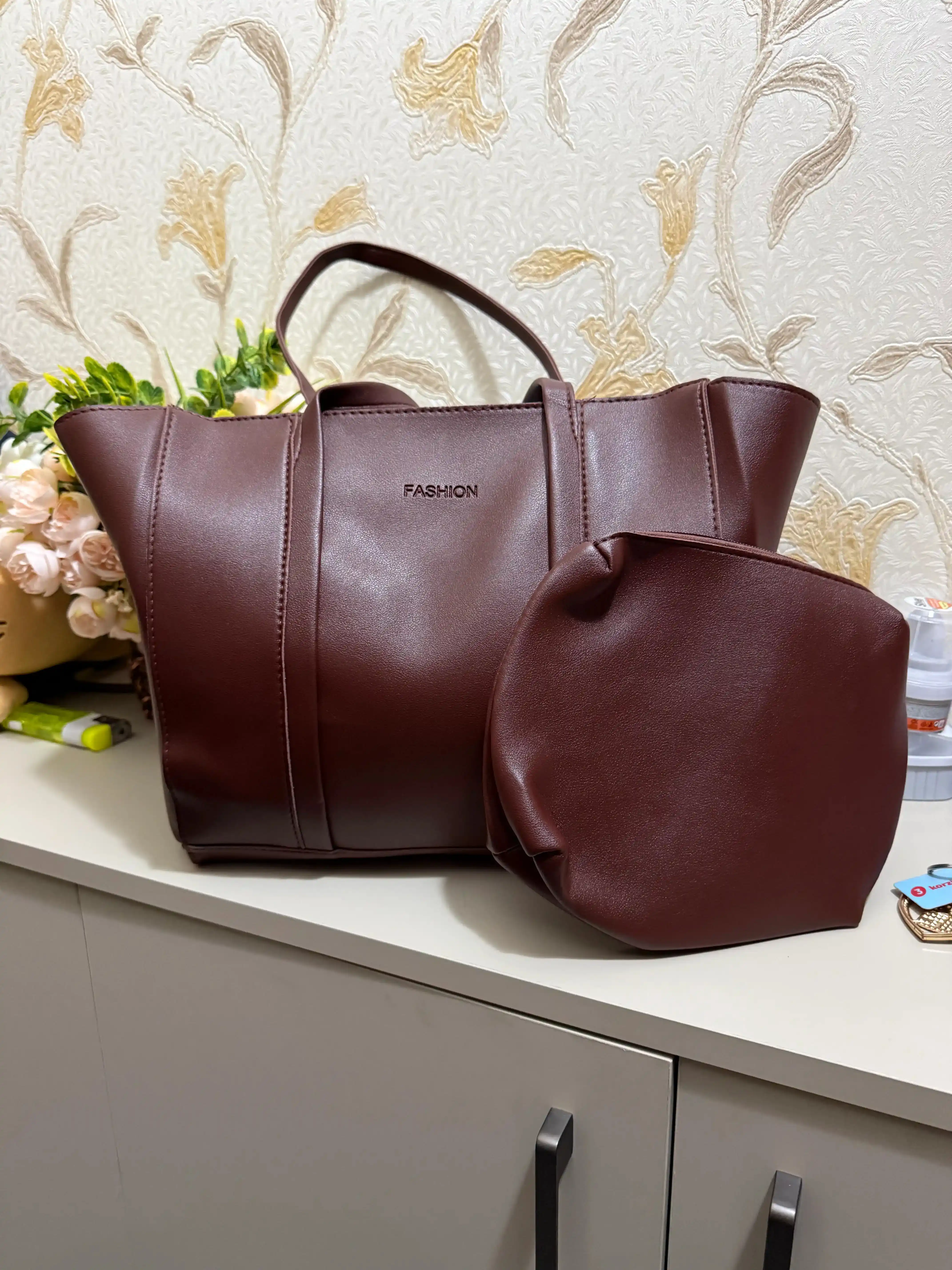 Katta ayollar tote sumkasi 2 tasi 1 da, PU ekoteri, kosmetik sumkacha bilan