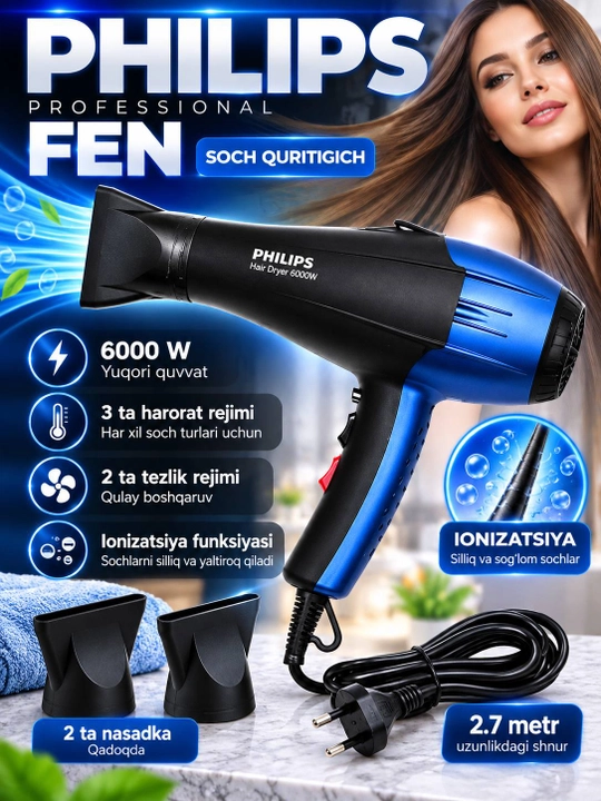 Soch uchun professional Fen PH-8080, quritish va yotqizish uchun, ionizatsiya bilan - 