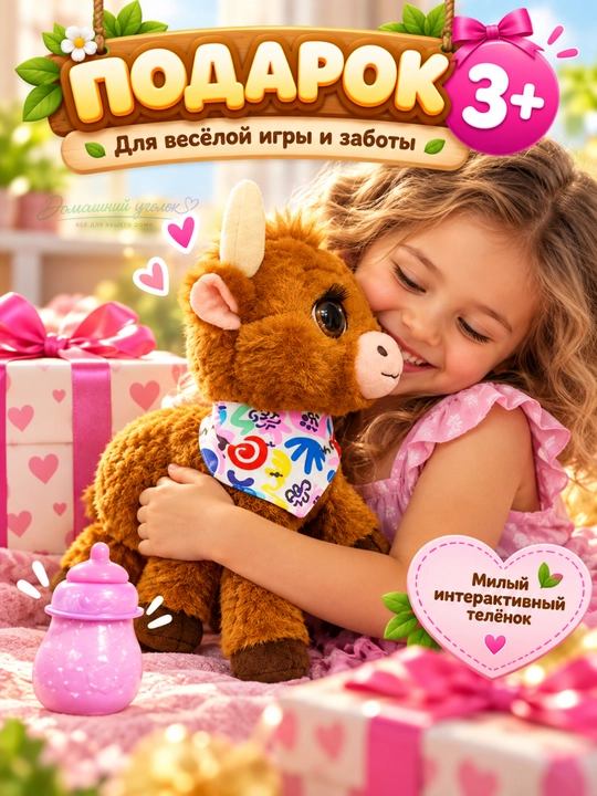 Интерактивная игрушка телёнок с бутылочкой, ходячая мягкая игрушка со звуком