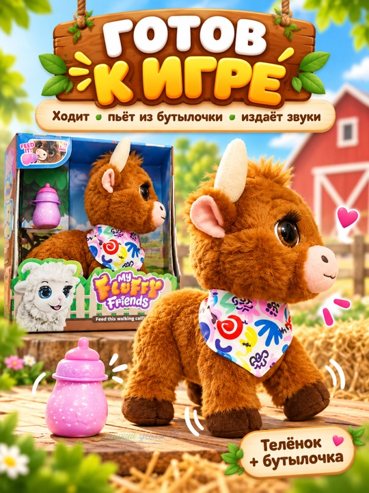 Интерактивная игрушка телёнок с бутылочкой, ходячая мягкая игрушка со звуком