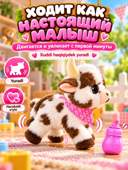 Интерактивная игрушка телёнок с бутылочкой, ходячая мягкая игрушка со звуком