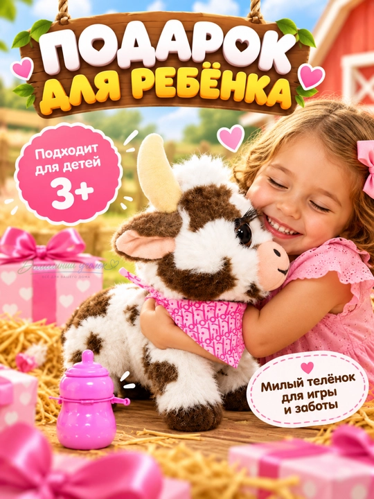 Интерактивная игрушка телёнок с бутылочкой, ходячая мягкая игрушка со звуком