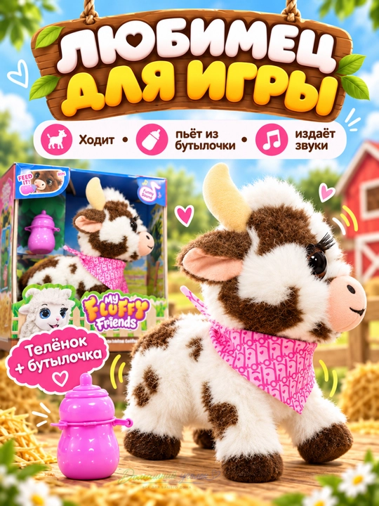 Интерактивная игрушка телёнок с бутылочкой, ходячая мягкая игрушка со звуком