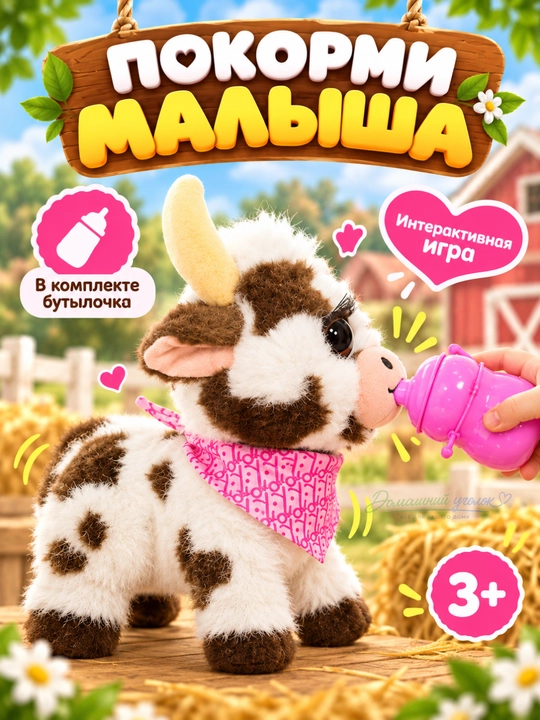 Интерактивная игрушка телёнок с бутылочкой, ходячая мягкая игрушка со звуком