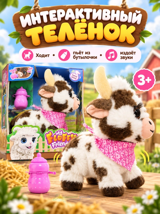 Интерактивная игрушка телёнок с бутылочкой, ходячая мягкая игрушка со звуком - 