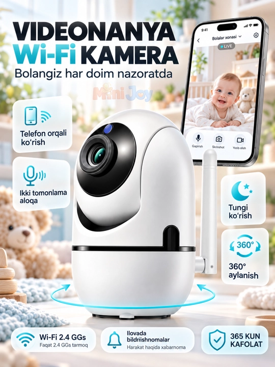 Видеоняня WiFi 360°, IP камера видеонаблюдения для дома, Full HD 1080P