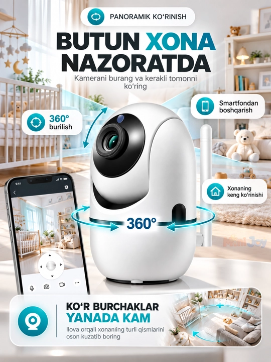 Видеоняня WiFi 360°, IP камера видеонаблюдения для дома, Full HD 1080P