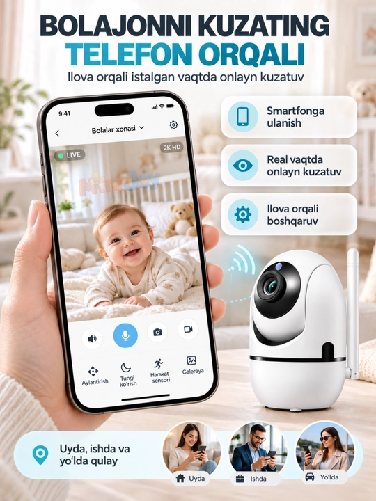 Видеоняня WiFi 360°, IP камера видеонаблюдения для дома, Full HD 1080P