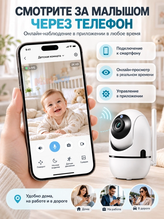 Видеоняня WiFi 360°, IP камера видеонаблюдения для дома, Full HD 1080P