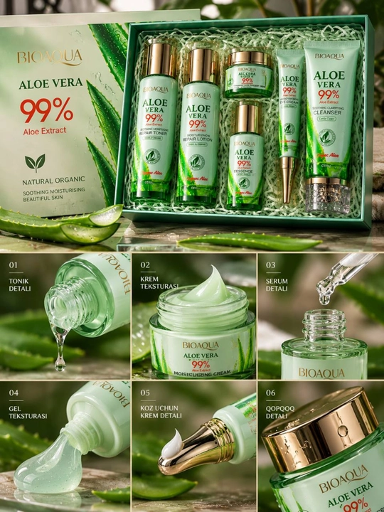 BIOAQUA Aloe Vera 99% yuz terisi uchun parvarish to‘plami, 6 qism